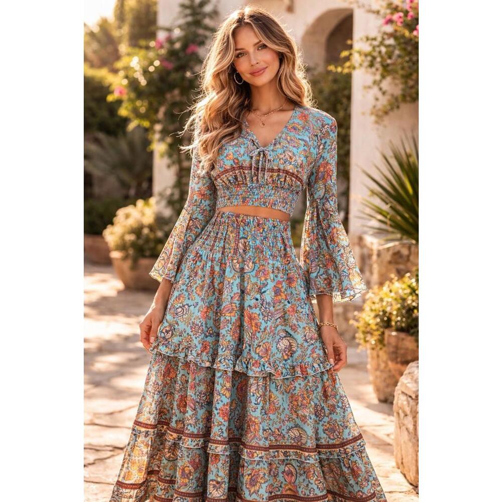 Rhea 2pc Skirt Set S/M NWOT Silk Blend Tiered Maxi Smocked Waist Blue Floral